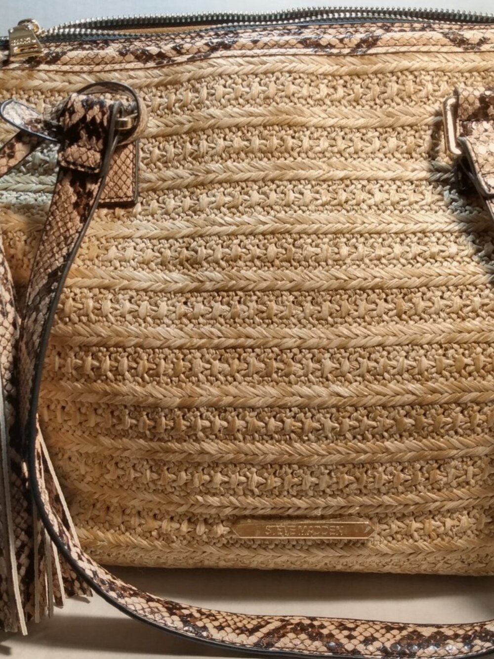 Steve Madden Crossbody Natural Tan Woven Straw Tote Bag Snakeskin Trim ~ New
